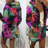 Colorful Long Jacket Casual Tie Dyeing Zipper Loose Hooded Sweatshirts Autumn Winter Outwear Full Sleeve Pocket