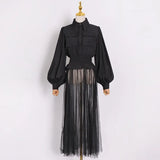 Casual Patchwork Perspective Dress For Women Lapel Lantern Long Sleeve High Waist Elegant Dresses Female