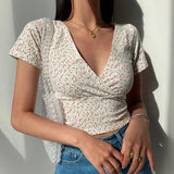 French Retro Floral V-neck Short-sleeved T-shirt Slim Slimming Wild High Waist Women's Top Harajuku Graphic T Shirts-Outfit