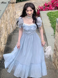Fairy Blue Dress Women Elegant Evening Party Midi Dresses Female Korean Short Sleeve Designer Chic Chiffon Dress 2022