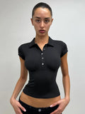 Style Collar Buckle V-Neck Spliced Chest-Type Umbilled T-Shirt Hottie Temperament Female Casual