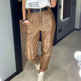 High Waist Faux Leather Trousers Female Big Pockets Design Vintage Streetwear Casual Women Straight Pant 2021 New Spring
