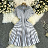 Retro-Necked Short-Sleeved Striped Knitted Dress Female Waist Temperament Thin A-Word