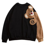 Harajuku Kawaii Hoodies Women Bear Embroidery Fleece Drop-Shoulder Sleeves Sweatshirts Bestie Friends Matching Pullover