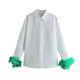 Feather Cuffs Women Stitching Furry White Shirt Elegant 2022 Patchwork Chic Blouse Vintage Loose Ladies Lapel