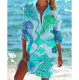 Women Printed Blouse Long Top Tunics Cardigan Half Sleeved Loose Beach Wear Swimwear Ladies Dresses Shirts Button 2023-Outfit