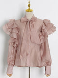 Solid Casual Shirt For Women Bow Collar Butterfly Sleeve Patchwork Buttons Loose Shirts Female 2022 Autumn