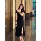 Fork Long Hepburn Small Black Dress Niche Figure Small Mother Bag Hip Long Dress Black Cold Sister Dress