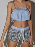 Women Pajamas Sets 2 Pieces Loungewear Suits Plaid Print Camis Cropped Tank Tops Drawstring Shorts Sleepwear Outfits-Outfit