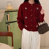 Horn Buckle New Year Red Sweater Cardigan Girl Autumn Winter Loose Lazy Wind New Year Red Knitted Coat Girl-Outfit