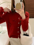 Spring And Autumn New Pure Color High-Grade Round Collar Hand-Made Three-Dimensional Bow Soft Waxy Knitted Cardigan Blouse-Outfit