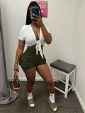 Summer Bodycon Streetwear 2 Two Piece Set Outfits Tracksuit Women Short Sleeve Bandage Crop Top Shorts Black Matching