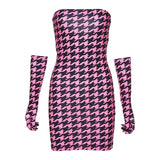 Houndstooth Print Mini Dress Hot Pink Strapless Off Shoulder Bodycon Dress With Gloves for Birthday Party Club