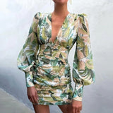 ArtsuWomen Sexy Deep V Neck Floral Print Dresses Long Lantern Sleeve Ruched Dress Elegant Female Bodycon Party Dress
