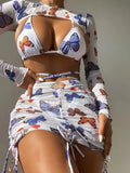 2023 New Butterfly Print Drawstring Strap Sexy Four-Piece Swimsuit