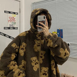 Cartoon Bear Lamb Wool Zip Up Hoodie Women's Sweatshirts Casual Oversized Brown Winter Clothes Women Jackets Cute Korean