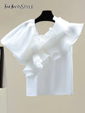 Ruffle Trim T Shirt For Women Irregular Collar Puff Sleeve Solid Loose T Shirts Female Summer Clothing Style
