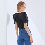 Black Chic T Shirt For Women O Neck Puff Short Sleeve Slim Ruched Casual T Shirts Female Fashion New Style