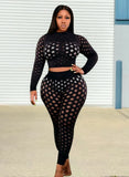 Plus Size Sexy Mesh Dot See Through Long Sleeve Top And Pant 2 Piece Sets 703-1-Outfit