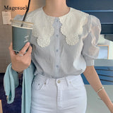 Womens Blouse Korean New 2021 Short Sleeve Chic Doll Collar Patchwork Tops Fashion Sweet Blue Buttons Loose Shirt