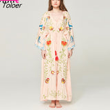Embroidered Women Maxi Dress V-Neck Batwing Sleeve Loose Oversize Summer Dresses Drawstring Waist Boho Beach