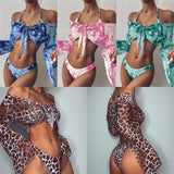 3 Piece Swimsuit Women Leopard Print Push Up Padded Biquini Brazilian Summer Bathing Suit Long Sleeve Thong Bikini