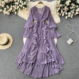 Purple/Brown/Red Chiffon Pleated Long Dress Women Vintage V-Neck Flare Sleeve Draped Ruffle Vestido Female Maxi Robe Spring