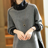 Streetwear Loose Solid Color Stylish Asymmetrical Split Pullovers Spring Autumn Turtleneck Patchwork Korean