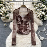 Girls Tie-Dye Mesh Jersey Long-Sleeved T-Shirt Girl Thin Perspective Temperament Fashion Folding