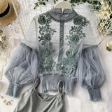 Women Tops Fashion Sexy Sheer Lace Blouse Lantern Sleeve 3D Floral Blouses Shirts Elegant Top Blusas