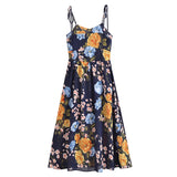 French Style Navy Blue Flower Print Bandage Spaghetti Strap Midi Long Dress Sexy Women Bow Lacing Up Sling Vestido-Outfit
