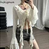 Tops Vintage Blouse Women Streetwear Sexy Fashion Shirts V-neck Slim Fit Ruffles Hole Irregular Blouses Camisas De Mujer-Outfit