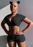 Sexy V-neck Short Sleeves Crop Top Solid Lace Up Two Piece Shorts