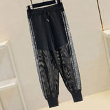 Women's Clothing Diamonds Haren Pants Stylish Bright Line Decoration Summer Net Spliced Streetwear Drawstring Cropped