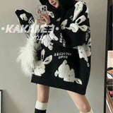 Cartoon Rabbit Knitted Sweaters Autumn Winter Casual O-Neck Loose Commute Women's Clothing Korean Letter Midi