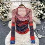 Girls Tie-Dye Mesh Jersey Long-Sleeved T-Shirt Girl Thin Perspective Temperament Fashion Folding