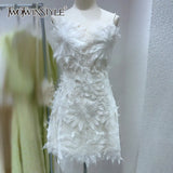 Beige Elegant Patchwork Lace Dress For Women Square Collar Sleeveless High Waist Mini Dresses Female
