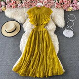 Purple/Green/Red Lace Midi Dress Women Sweet Round Neck Ruffle Vestidos Female High Waist Slim Robe Spring Autumn