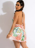 Printed Retro Halter Crop Top and High Waist Wide Shorts Two Piece