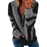 Autumn Print Striped Sweatshirt V Neck Long Sleeve Half Open Zipper Sweatshirts Elegant Ladies Tops Outfits Outwear-Outfit