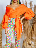 New Summer Fashion Solid-Colored Bare Shoulder Cross Strap Bubble Sleeve Sexy V-Neck Shirt African