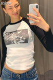 Vintage Y2k Abstract Print Raglan Long Sleeve Crop Top Streetwear Women 2000s Grunge Baby Tee Graphic T Shirts