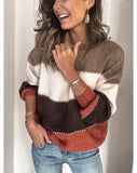 2021 autumn and winter new solid color stitching knit sweater top casual contrast color round neck sweater