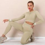 Seamless Gym Set Fitness Clothing Women Sports Clothing Sportswear Female Workout Legging Khaki Zipper Crop Top Sport
