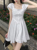 Elegant White Dress Women Vintage Party Mini Dresses Female High Waist Puff Sleeve Korean Fashion Retro Dress 2022