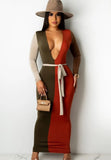 Contrast Color Sexy Deep-V Long Bodycon