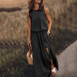 2025 Summer Women's Fashion Trend Retro Round-Neck Sleeveless Forked Solid Color Two-Piece