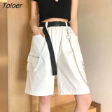 Harajuku Chain Cargo Shorts Women 2023 Summer Big Pockets Wide Leg Shorts Woman Black High Waist Streetwear Shorts
