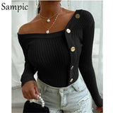 Sexy Women Buttons Patchwork White Knitted Jumper Sweaters Long Sleeve Off Shoulder Thin Skinny Autumn 2020 Basic