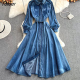 Vintage Embroidery Denim Maxi Dress Women Spring Lapel Pocket Lantern Sleeve Long Vestidos Belt Boho Beach Casual